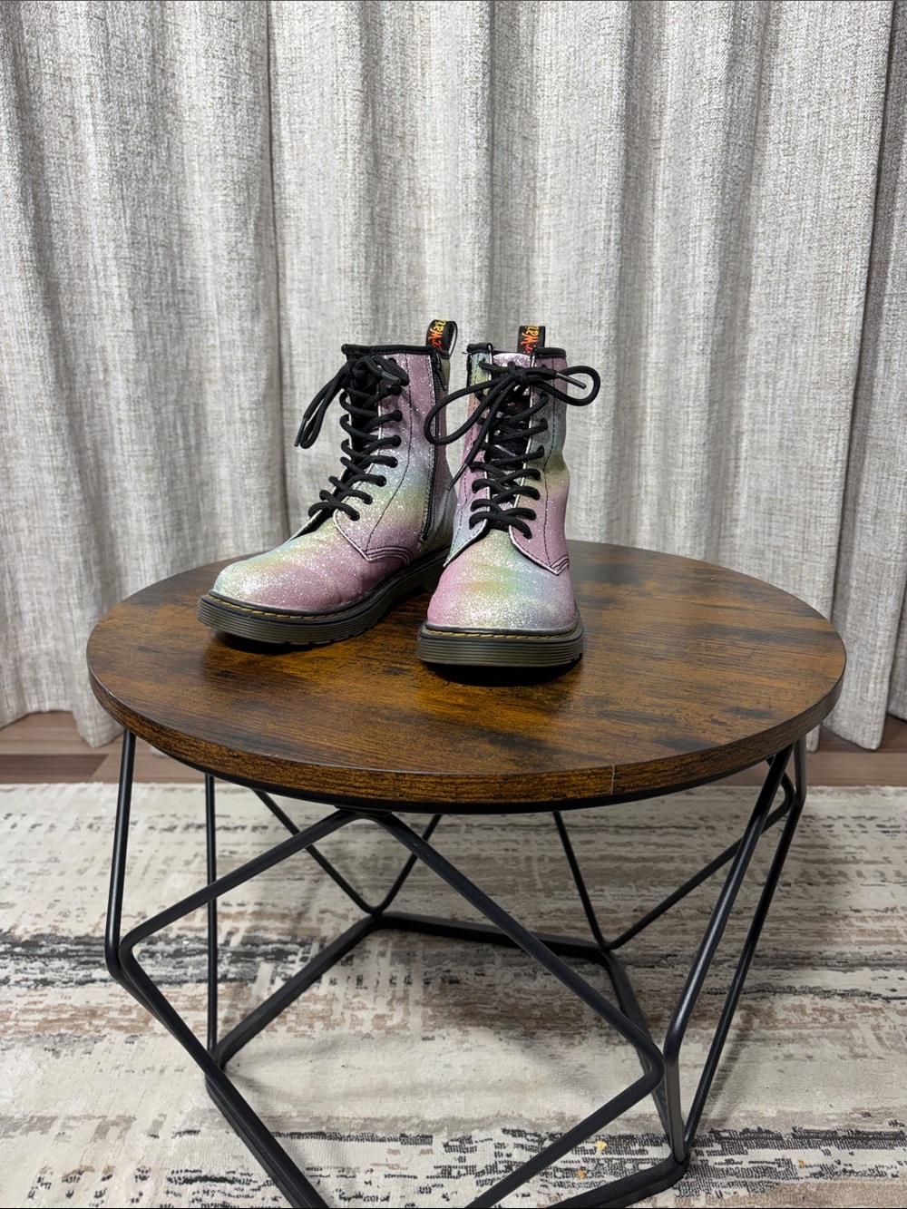 Dr. Martens Glitter Lace-Up Boots in Pink and Green